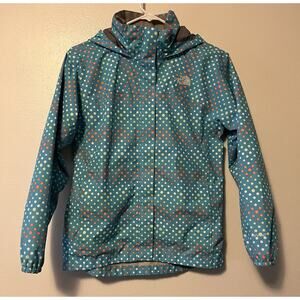 THE NORTH FACE Girls Large 14-16 Blue Polka Dot Rain Jacket Hooded Pockets